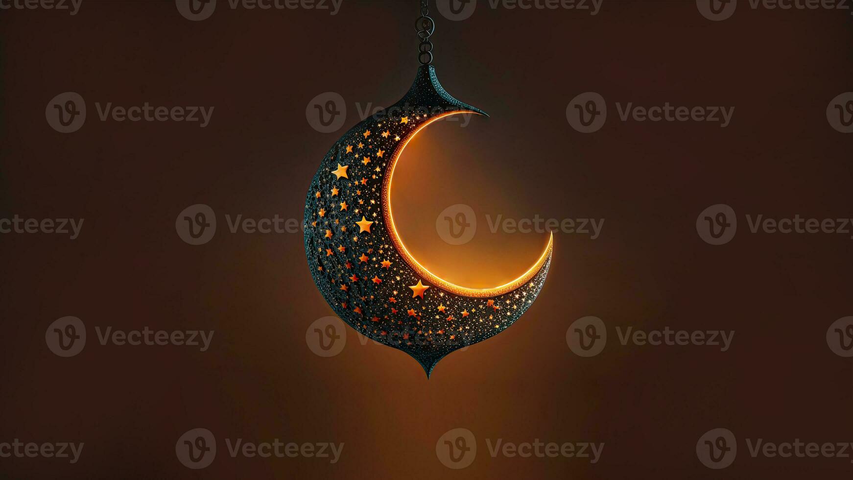 3D Render of Hanging Exquisite Shiny Carved Moon With Stars On Dark Background. Islamic Religious Concept. photo