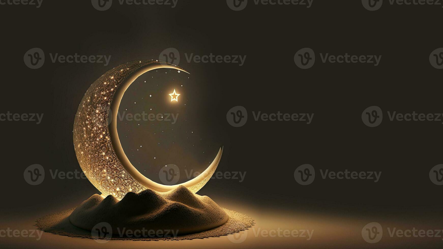 3D Render of Crescent Moon Decorated With Glowing Stars On Dune. Islamic Religious Concept. photo
