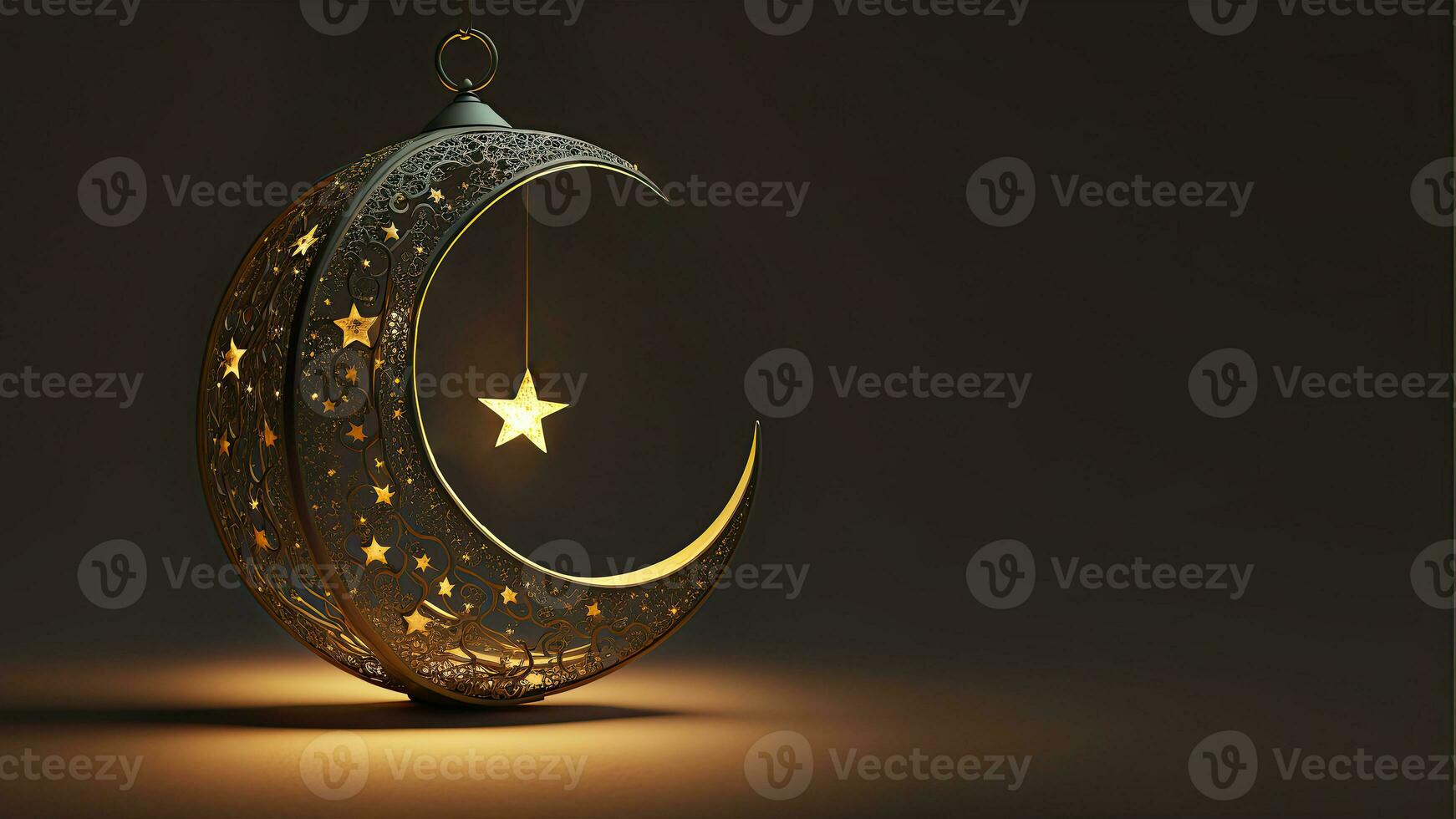 3D Render of Hanging Exquisite Shiny Carved Moon With Star On Dark Background. Islamic Religious Concept. photo