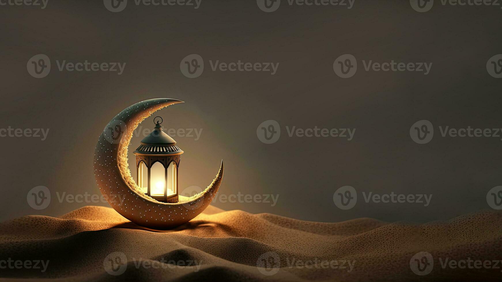 3D Render of Golden Crescent Moon With Illuminated Arabic Lantern On Sand Dune. Islamic Religious Concept. photo