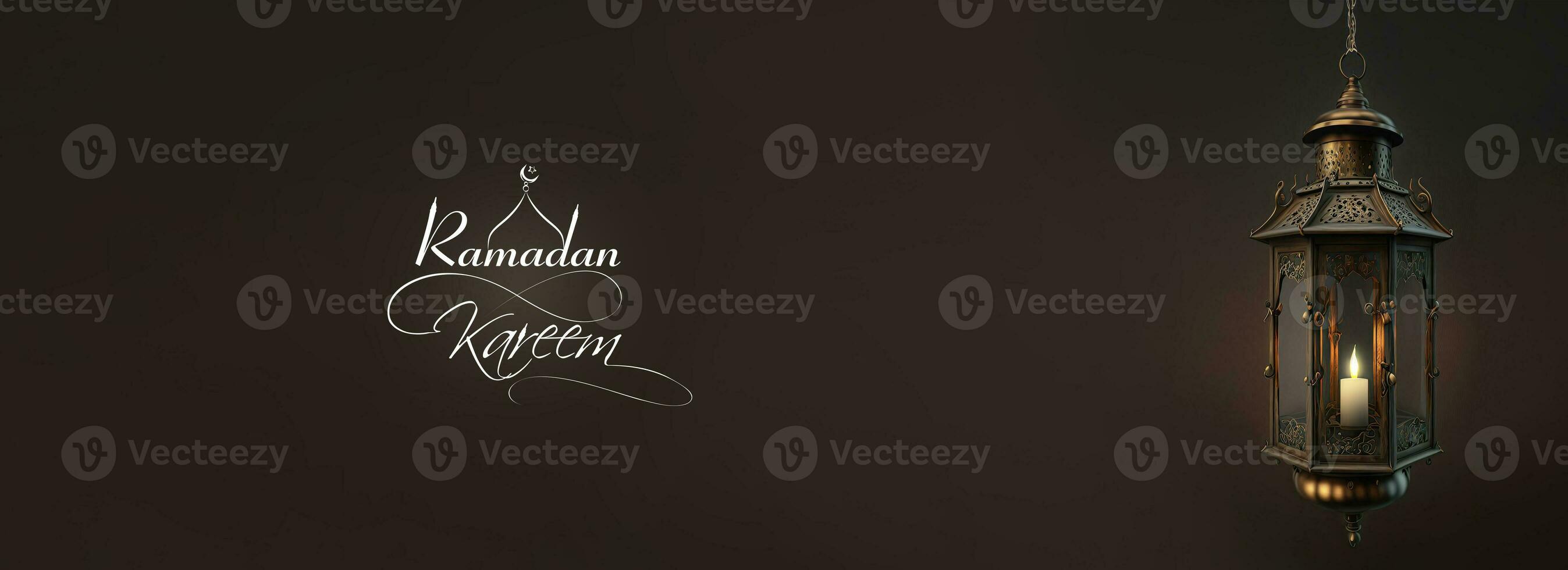 Ramadan Kareem Banner Design With 3D Render of Illuminated Arabic Lamp Hang On Dark Background. photo