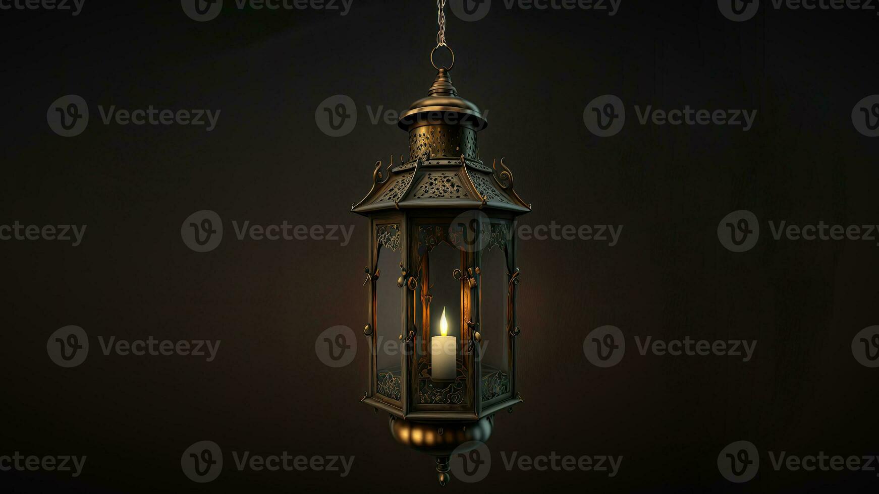 3D Render of Hanging Illuminated Arabic Lantern On Black Background. Islamic Religious Concept. photo