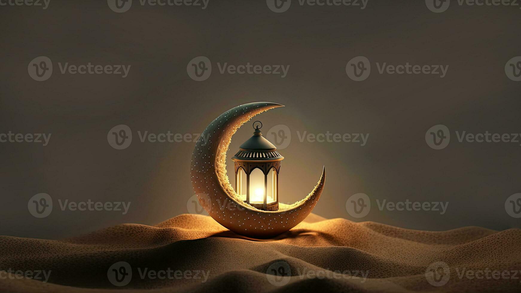 3D Render of Golden Crescent Moon With Illuminated Arabic Lantern On Sand Dune. Islamic Religious Concept. photo