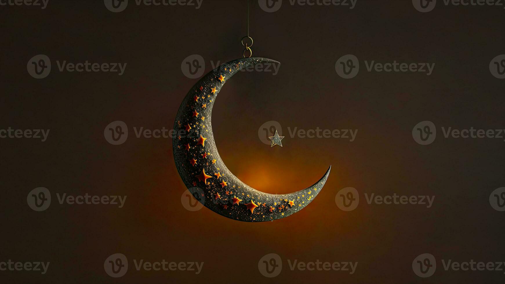 3D Render of Beautiful Hanging Carved Moon With Shiny Star On Dark Background. Islamic Religious Concept. photo