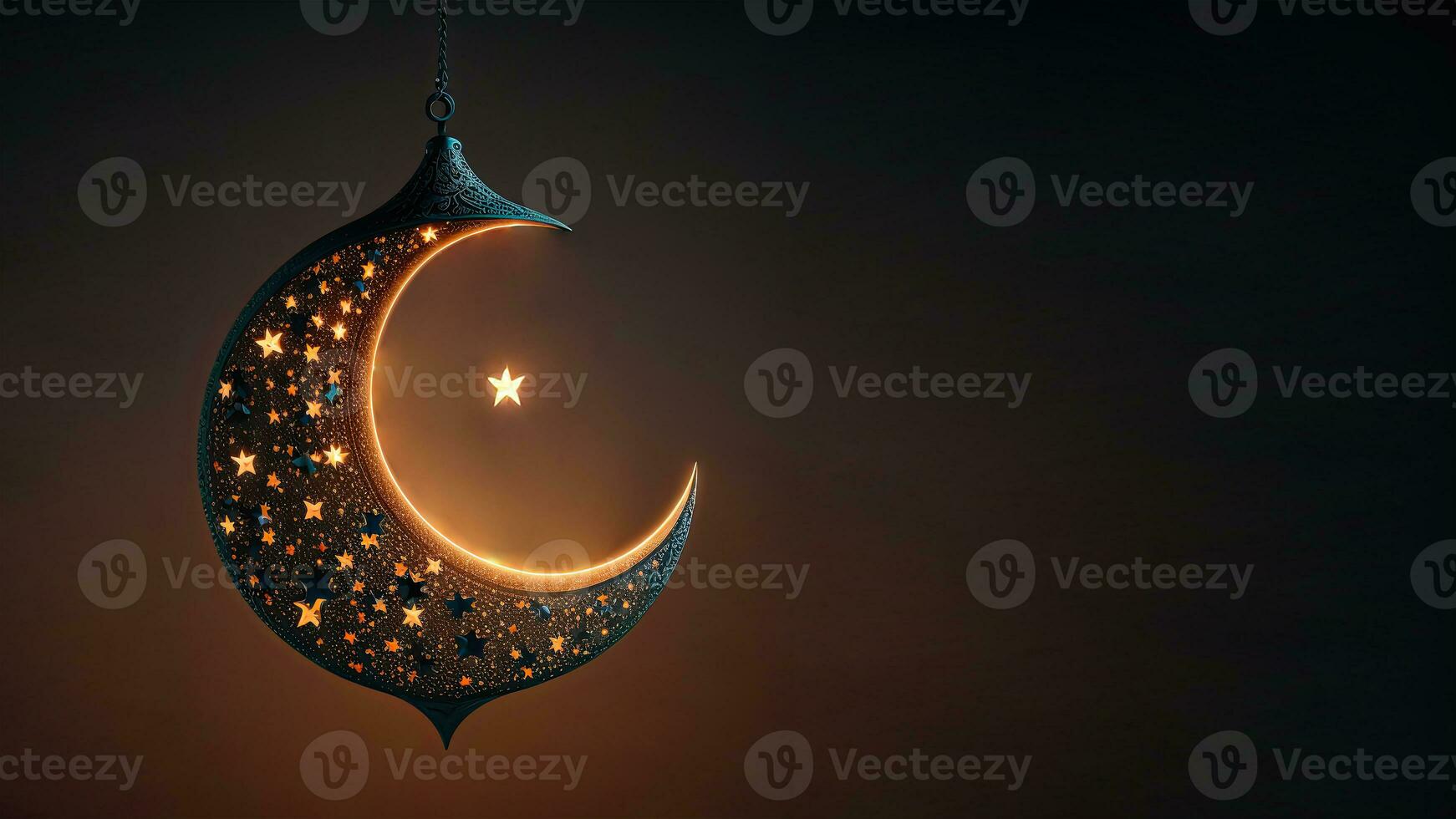 3D Render of Hanging Exquisite Carved Moon With Star On Dark Background. Islamic Religious Concept. photo