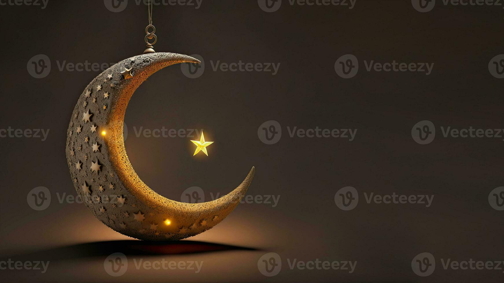 3D Render of Hanging Exquisite Shiny Carved Moon With Star On Dark Background. Islamic Religious Concept. photo