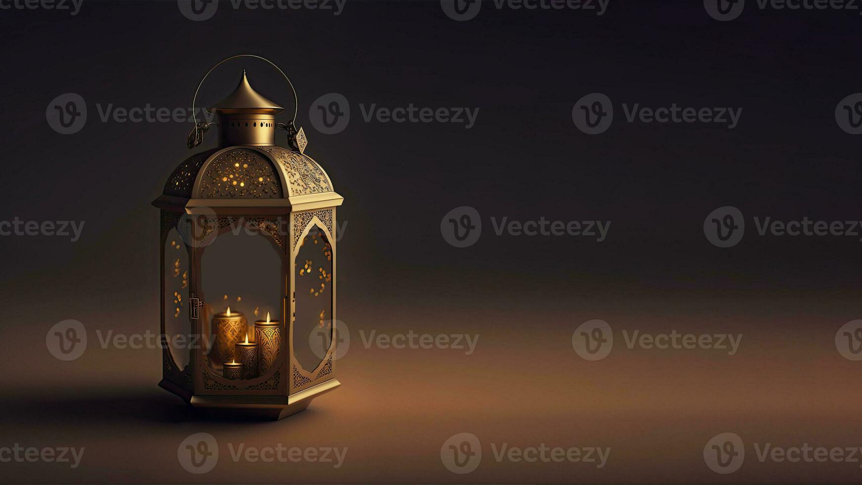 Realistic Illuminated Arabic Lantern On Dark Background. Islamic Religious Concept. 3D Render. photo