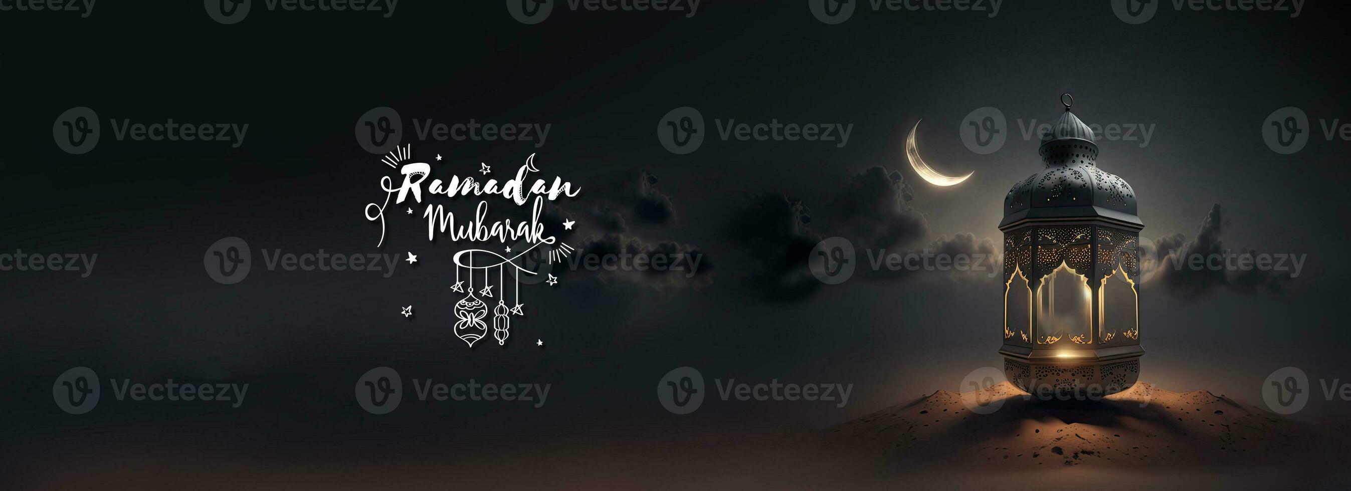 Ramadan Mubarak Banner Design With 3D Render of Arabic Lamp On Sand Dune And Realistic Crescent Moon. photo