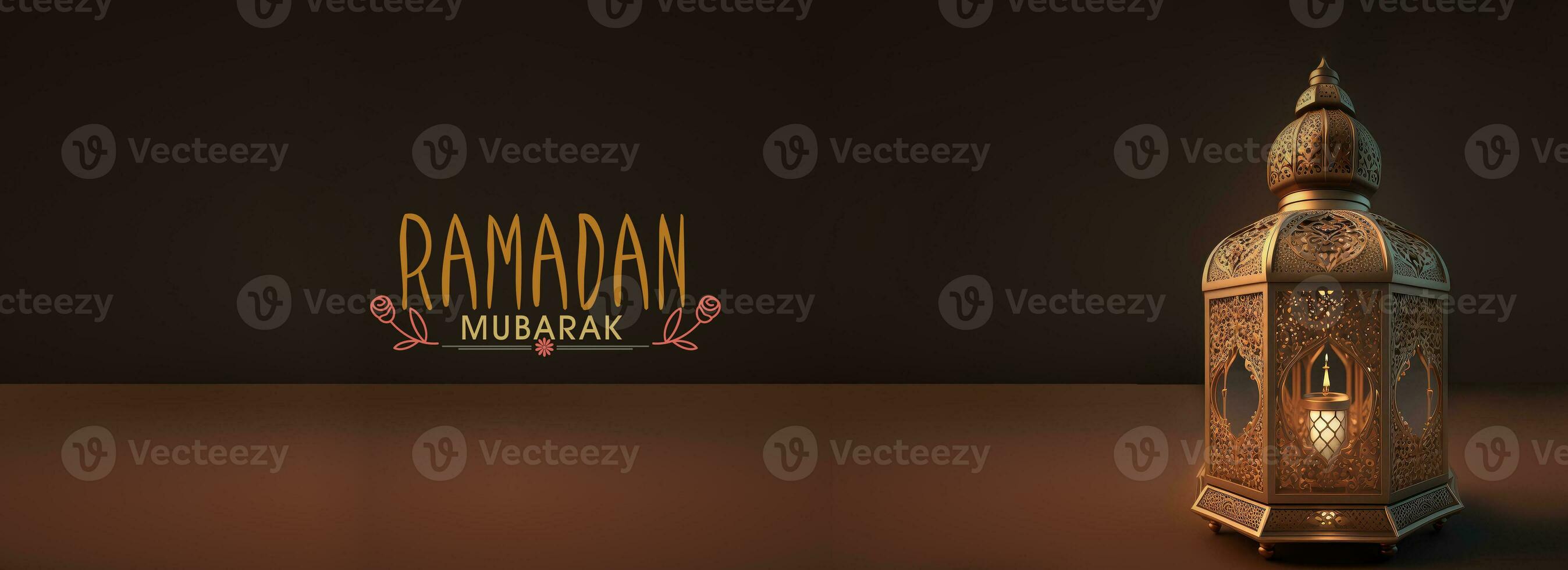 Ramadan Mubarak Banner Design With 3D Render of Illuminated Exquisite Arabic Lamp On Dark Brown Background. photo