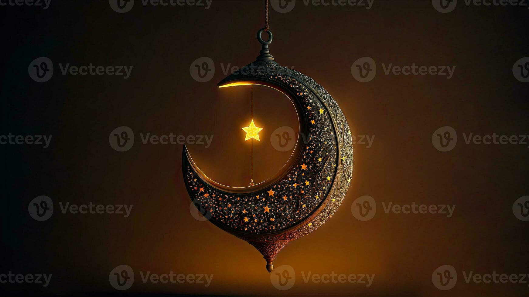 3D Render of Hanging Exquisite Carved Moon With Star On Dark Background. Islamic Religious Concept. photo