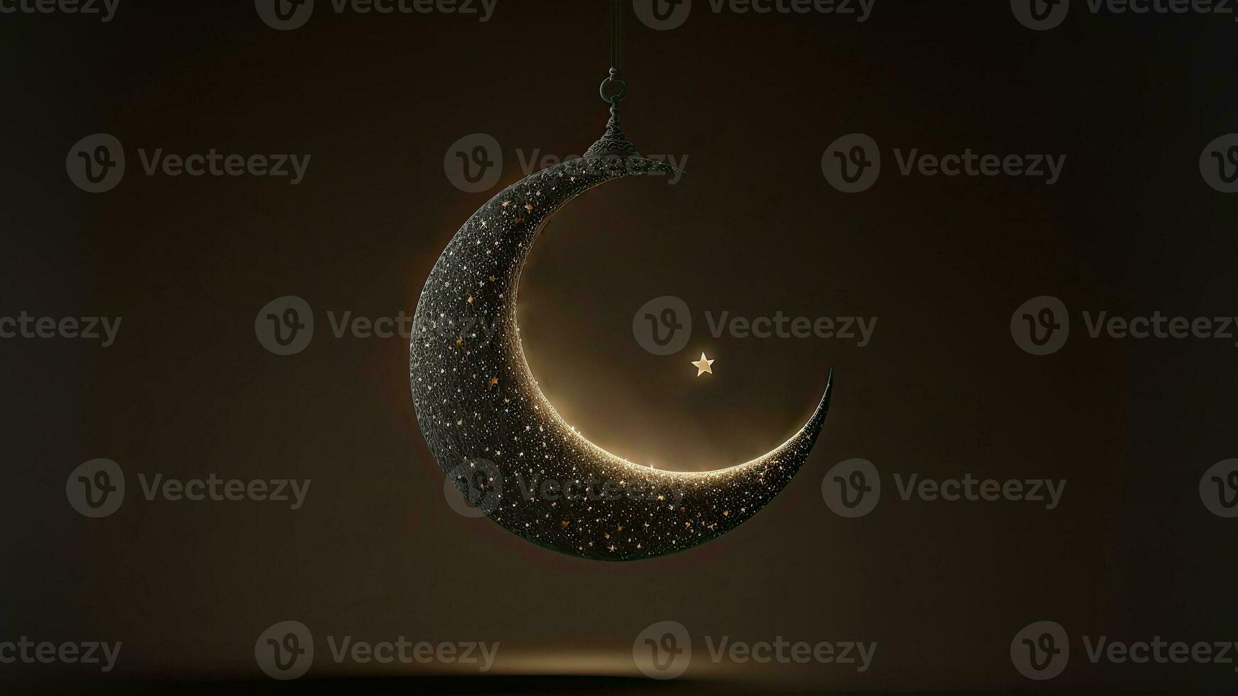 3d hacer de colgando Exquisito brillante tallado Luna con estrellas en negro antecedentes. islámico religioso concepto. foto