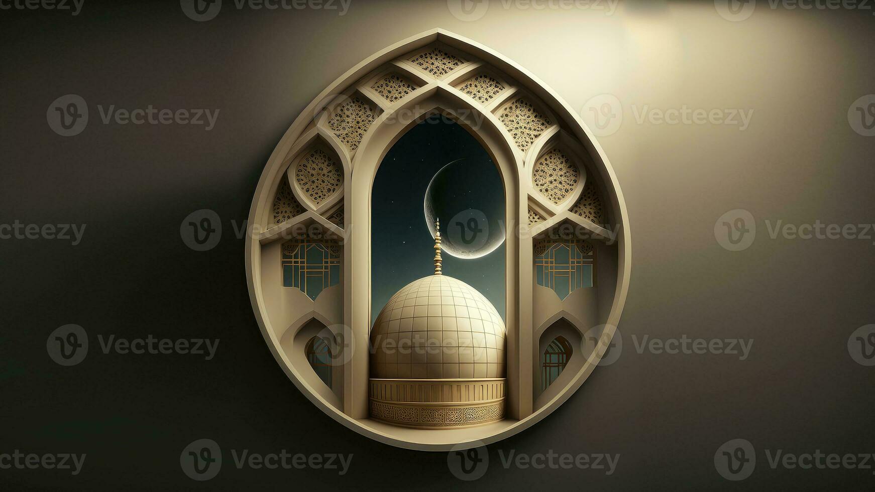 3D Render of Mosque With Realistic Crescent Moon Inside Mosaic Window. Islamic Religious Concept. photo