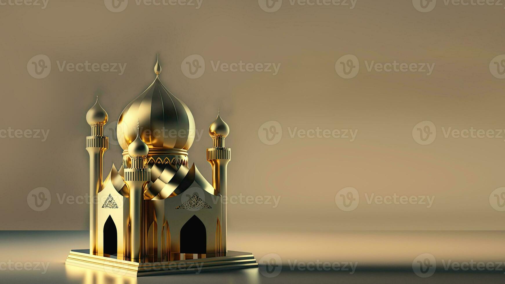 3D Illustration Of Golden Exquisite Mosque On Olive Brown Background. Islamic Religious Concept. photo