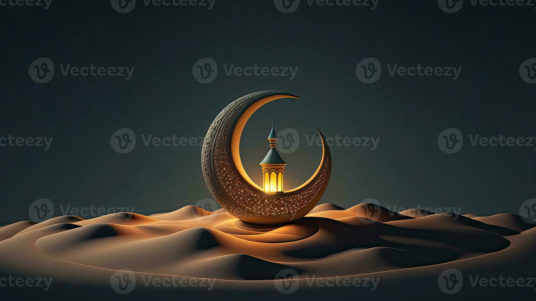 3D Render of Golden Crescent Moon With Illuminated Arabic Lantern On Sand Dune. Islamic Religious Concept. photo