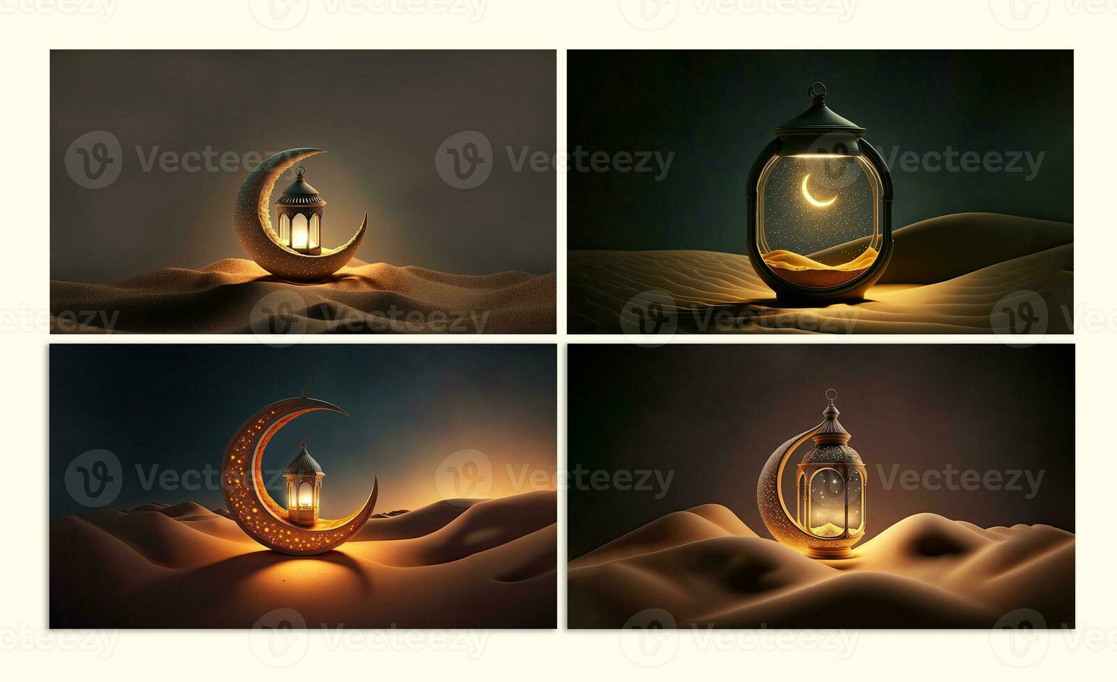 Collection of Exquisite Crescent Moon With Illuminated Arabic Lamps On Sand Dune. 3D Render. photo