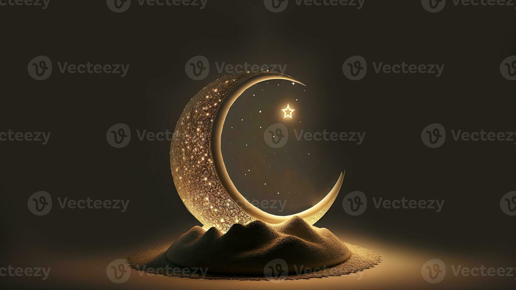 3D Render of Crescent Moon Decorated With Glowing Stars On Dune. Islamic Religious Concept. photo