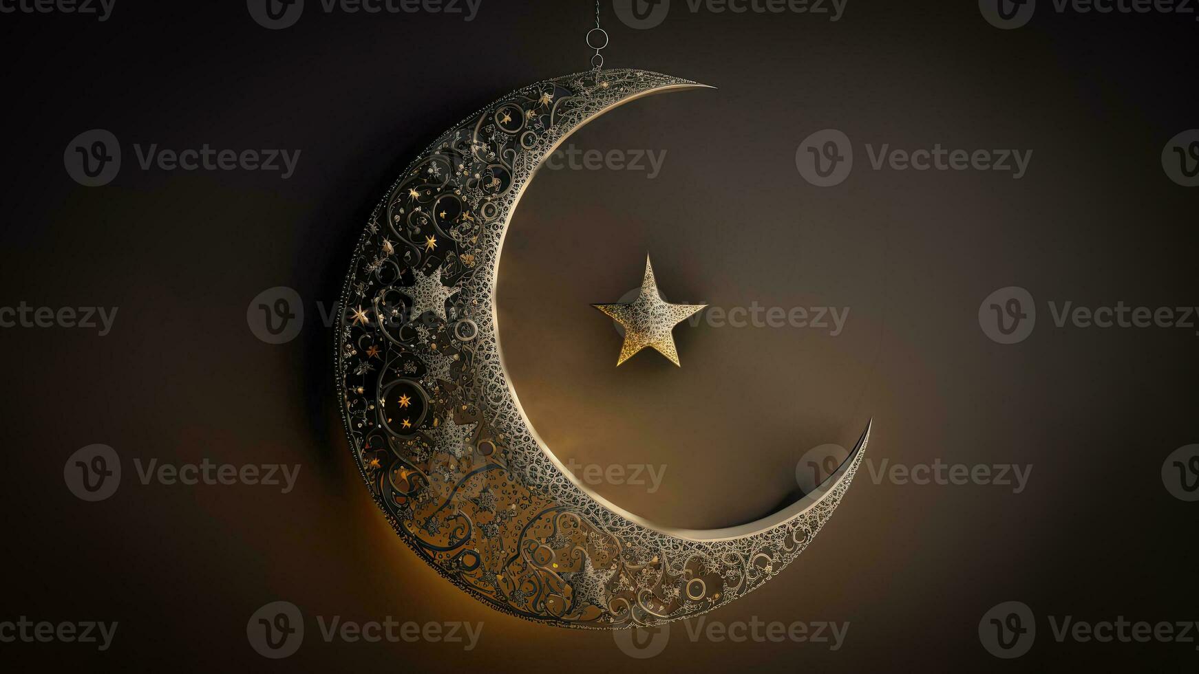 3D Render of Hanging Exquisite Carved Moon With Star On Dark Background. Islamic Religious Concept. photo