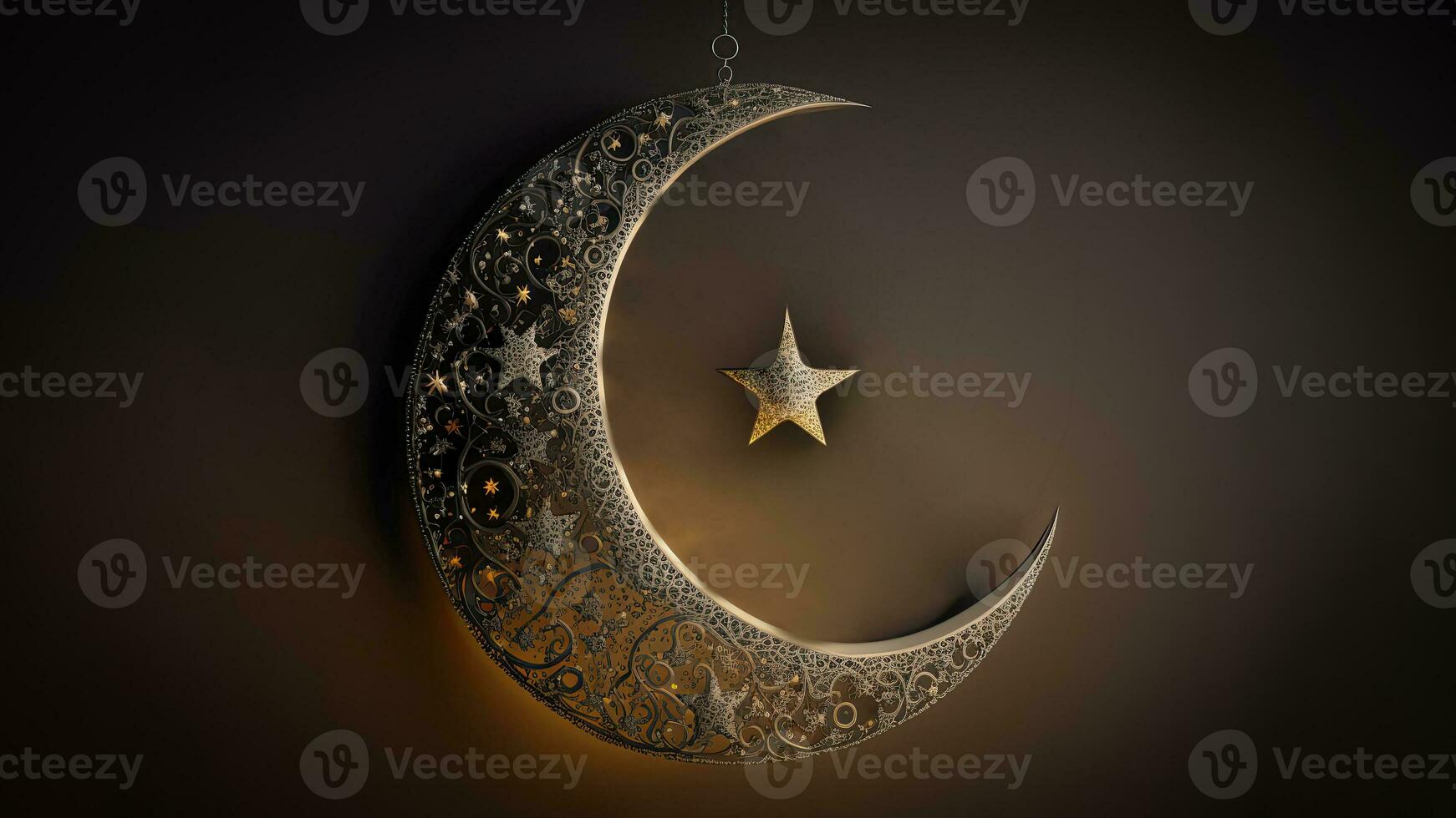 3D Render of Hanging Exquisite Carved Moon With Star On Dark Background. Islamic Religious Concept. photo