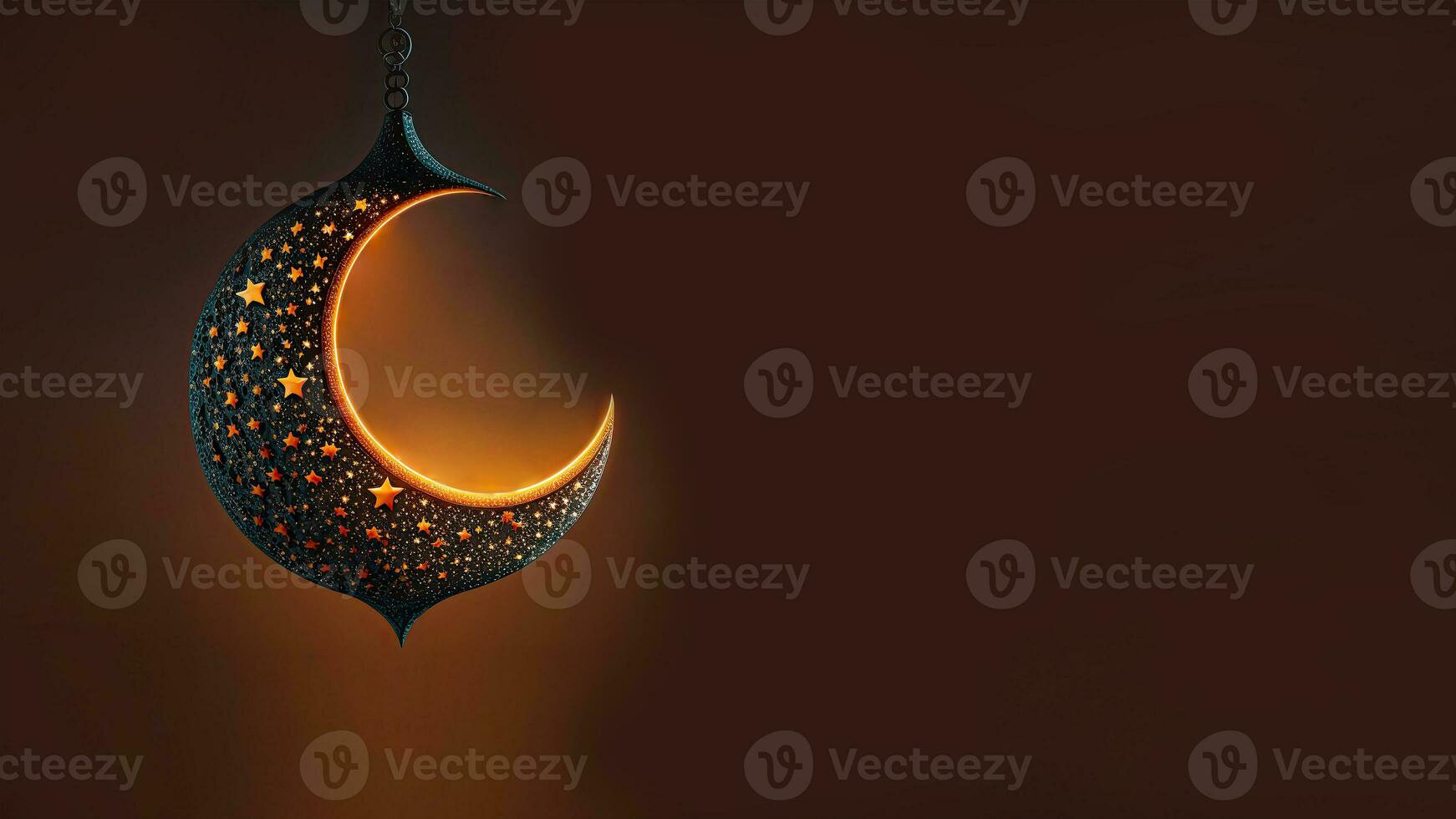 3D Render of Hanging Exquisite Shiny Carved Moon With Stars On Dark Background. Islamic Religious Concept. photo