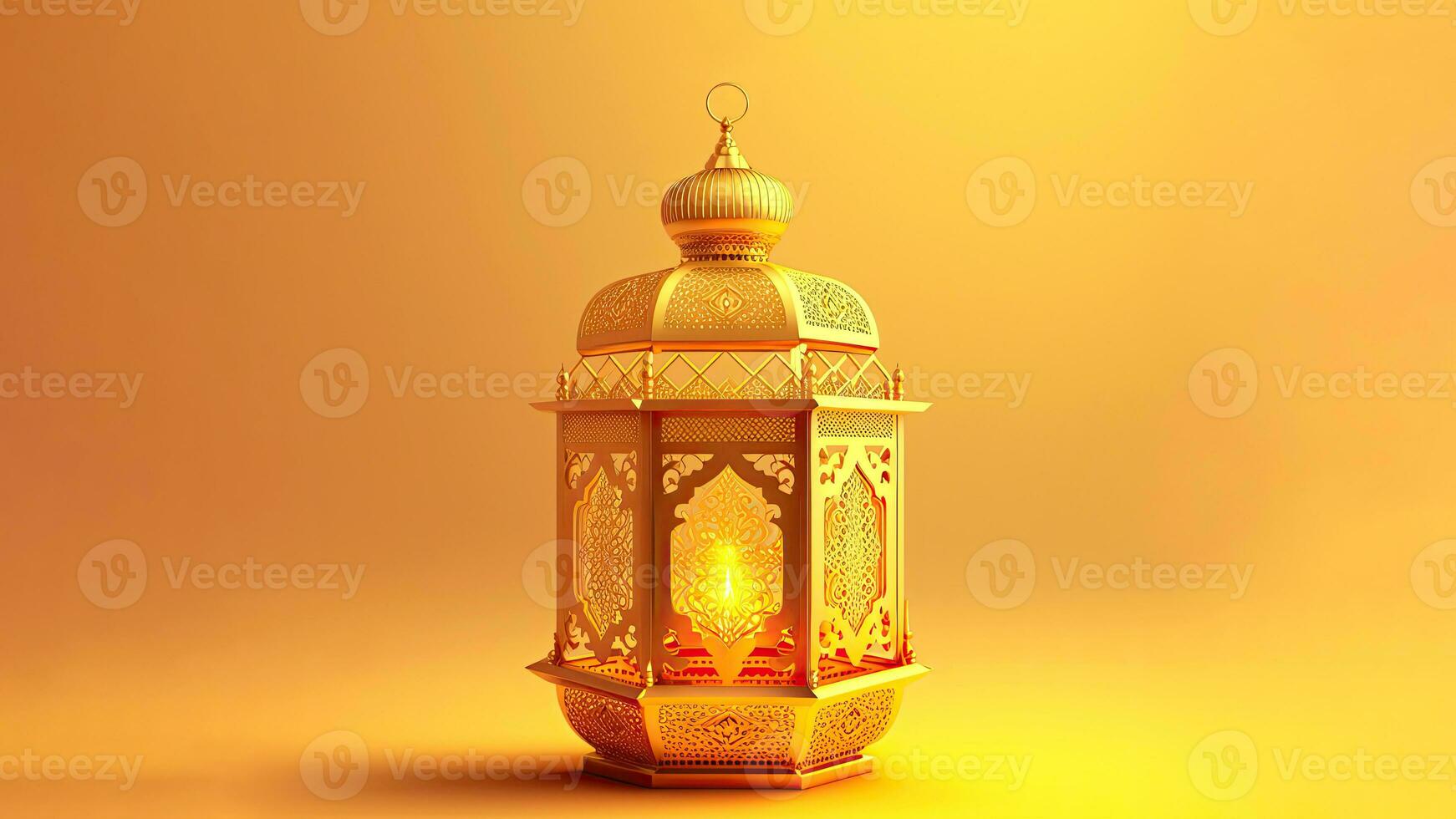 Illuminated Golden Arabic Lantern On Chrome Yellow Background. Islamic Religious Concept. 3D Render. photo