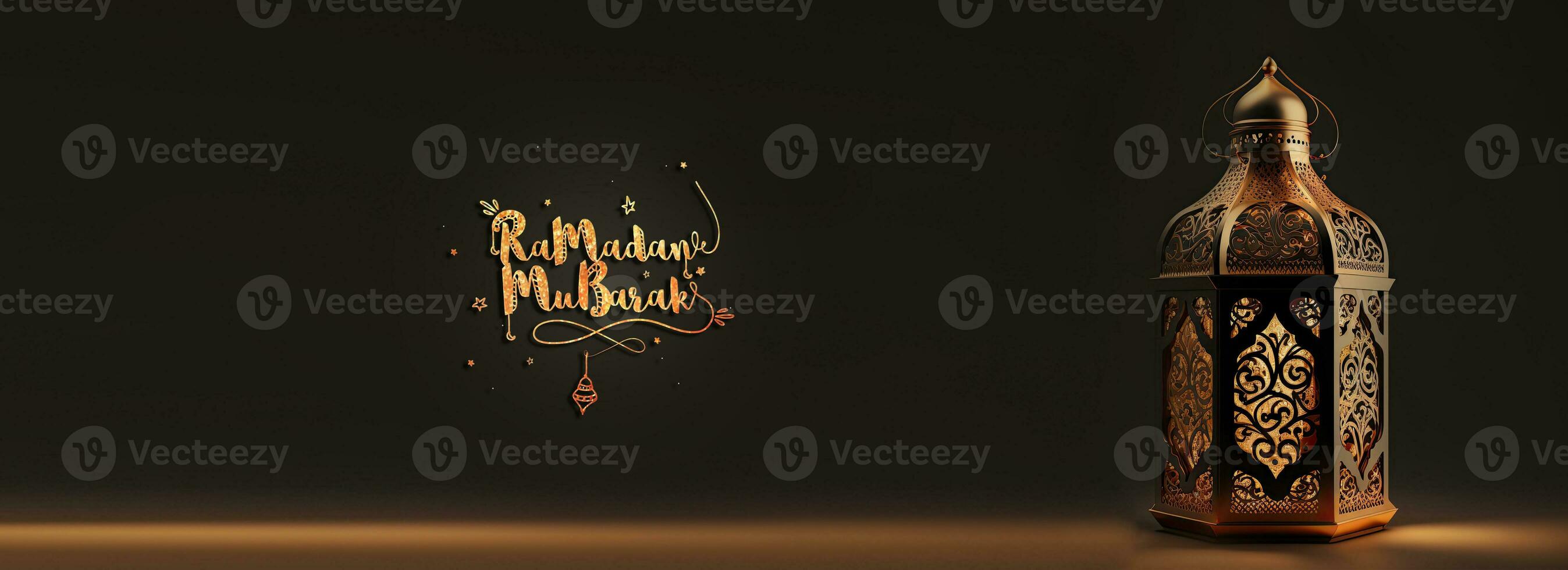 Ramadan Mubarak Banner Design With 3D Render of Lit Exquisite Arabic Lamp On Black Background. photo