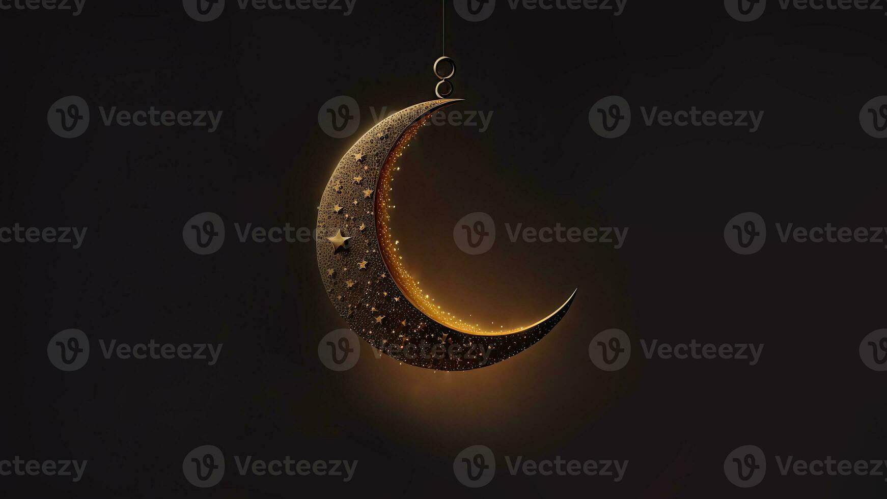 3D Render of Hanging Exquisite Crescent Moon With Stars On Black Background. Islamic Religious Concept. photo