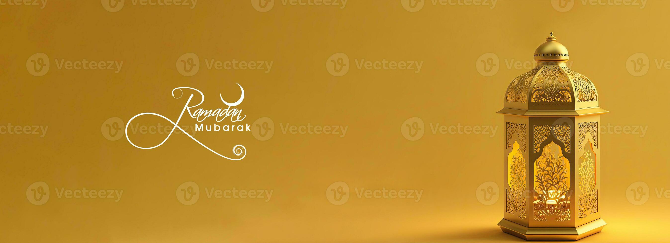 Ramadan Mubarak Banner Design With 3D Render, Golden Illuminated Arabic Lamp On Yellow Background. photo