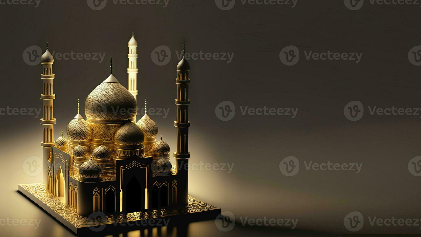3D Illustration Of Golden Exquisite Mosque On Dark Background. Islamic Religious Concept. photo