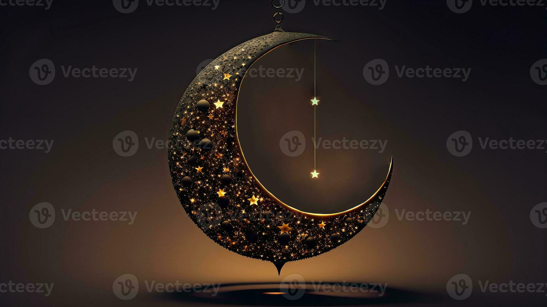 3D Render of Exquisite Shiny Crescent Moon On Bokeh Background. Islamic Religious Concept. photo