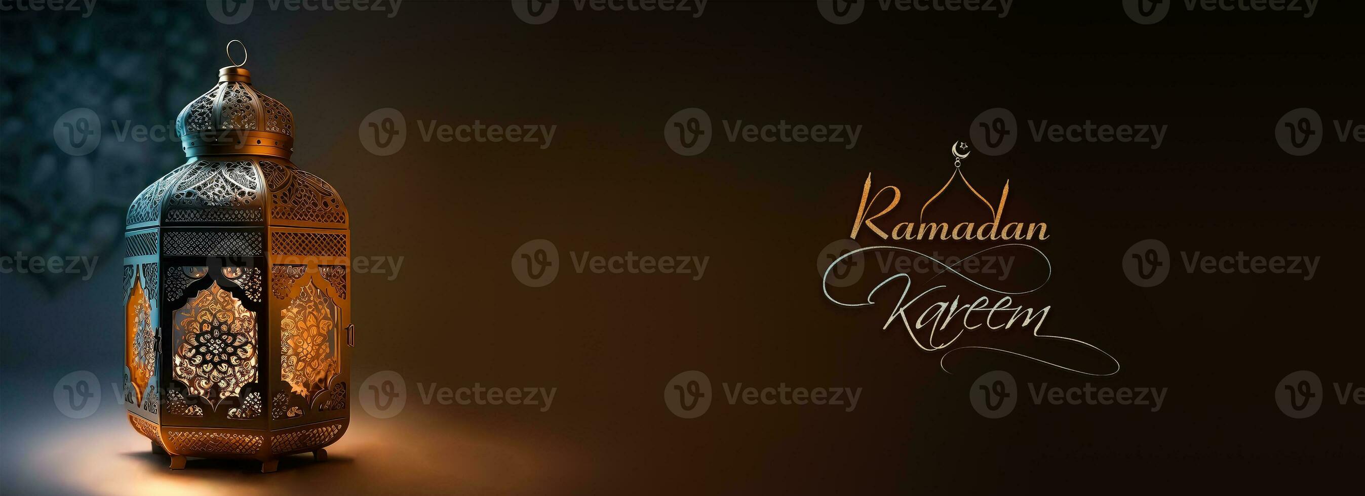 Ramadan Kareem Banner Design With Realistic Illuminated Arabic Lamp On Brown Background. photo