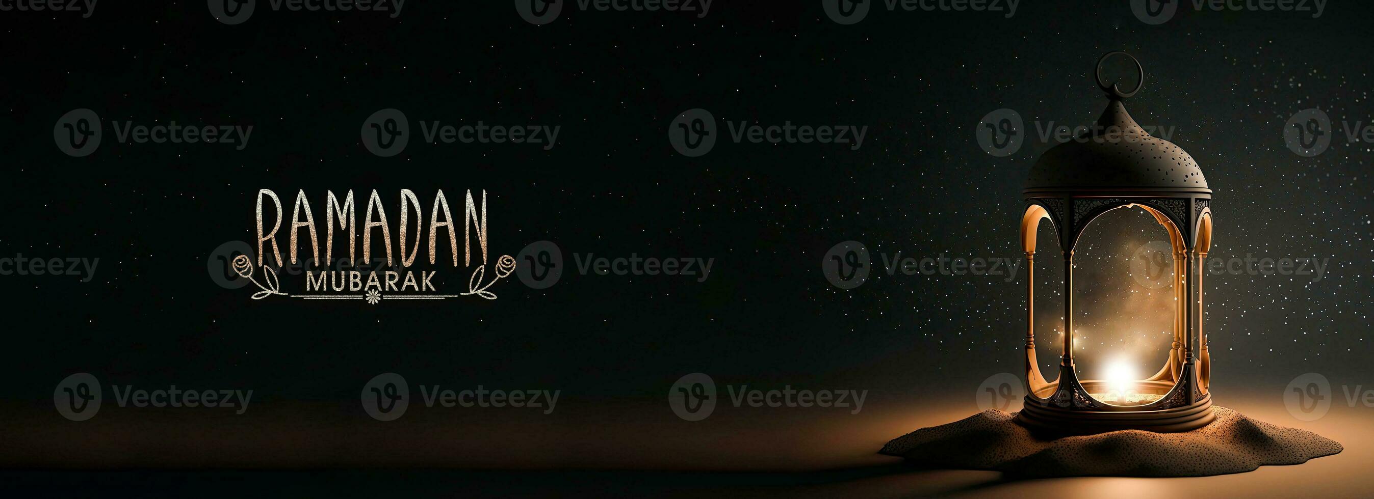 Ramadan Mubarak Banner Design With Realistic Illuminated Arabic Lamp On Sand Dune. 3D Render. photo