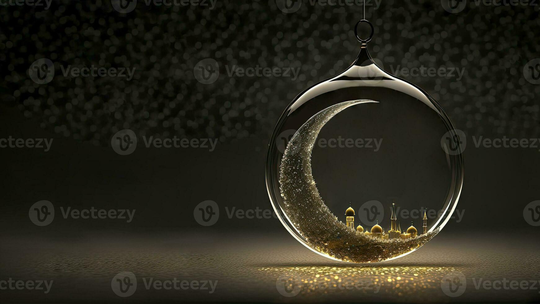 Glittery Crescent Moon With Mosque Inside Glass Round Shape Hang. 3D Render, Islamic Festival Concept. photo