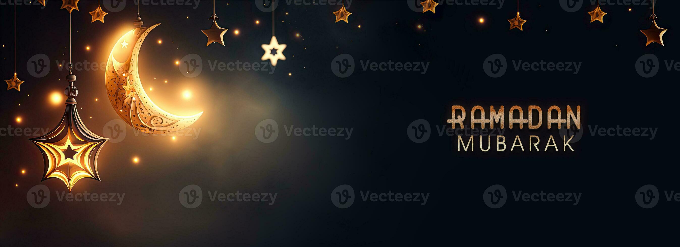 Ramadan Mubarak Banner Design With 3D Render of Shiny Golden Crescent Moon And Hanging Stars Decorated Background. photo