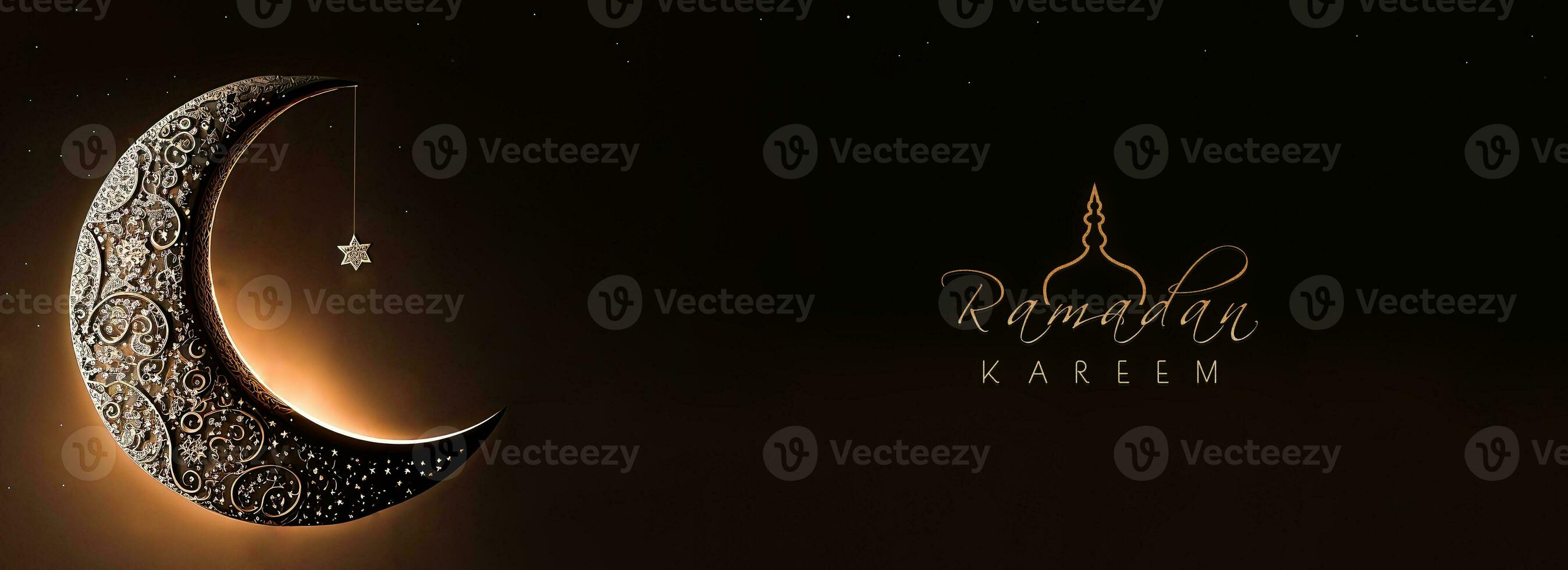 Ramadán kareem bandera diseño con 3d hacer de brillante Exquisito creciente Luna y colgando estrella en oscuro marrón antecedentes. foto