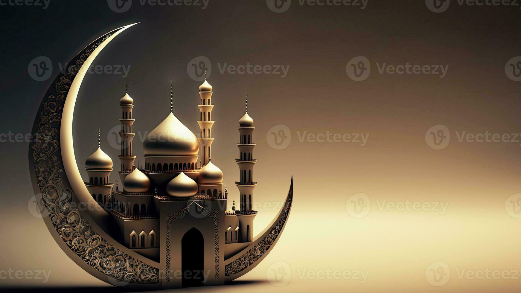 3D Render of Exquisite Crescent Moon With Glowing Mosque And Copy Space. Islamic Religious Concept. photo