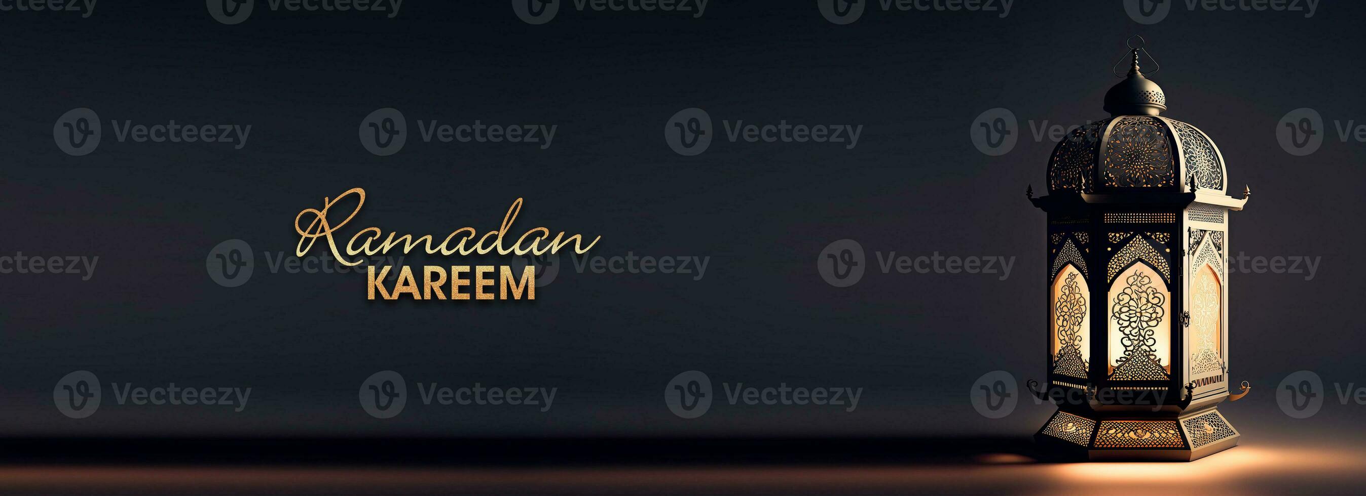 Ramadan Kareem Banner Design With Golden Glittery Text, Realistic Illuminated Arabic Lamp. 3D Render. photo