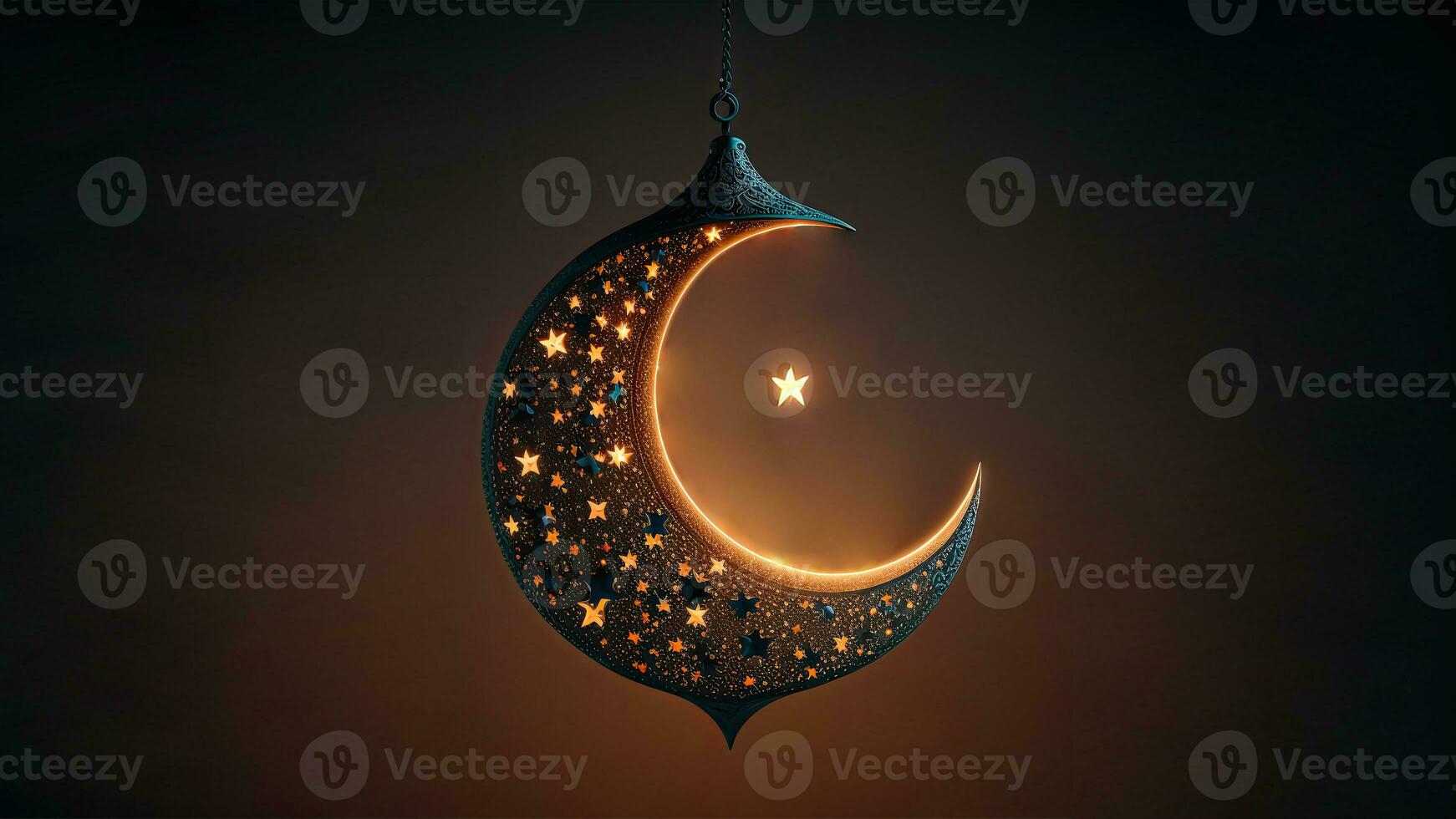 3D Render of Hanging Exquisite Carved Moon With Star On Dark Background. Islamic Religious Concept. photo