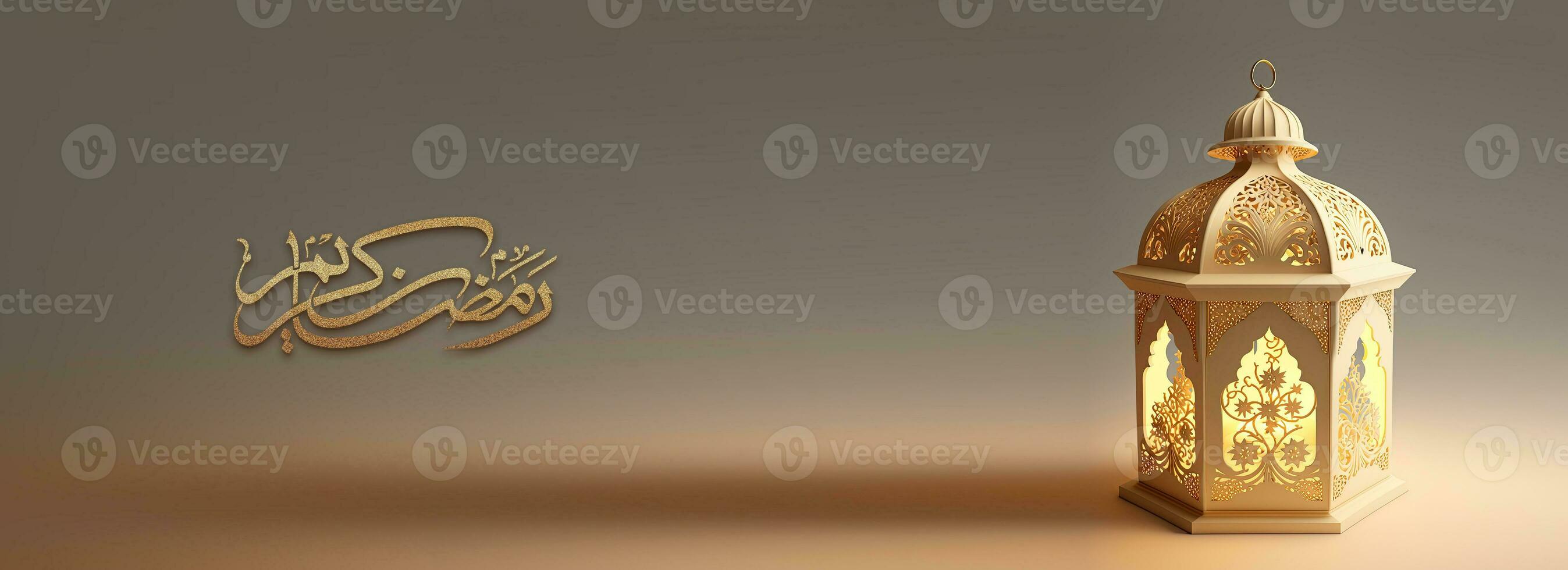 Ramadan Kareem Banner Design With Golden Glittery Arabic Calligraphy, Realistic Illuminated Arabic Lamp. 3D Render. photo