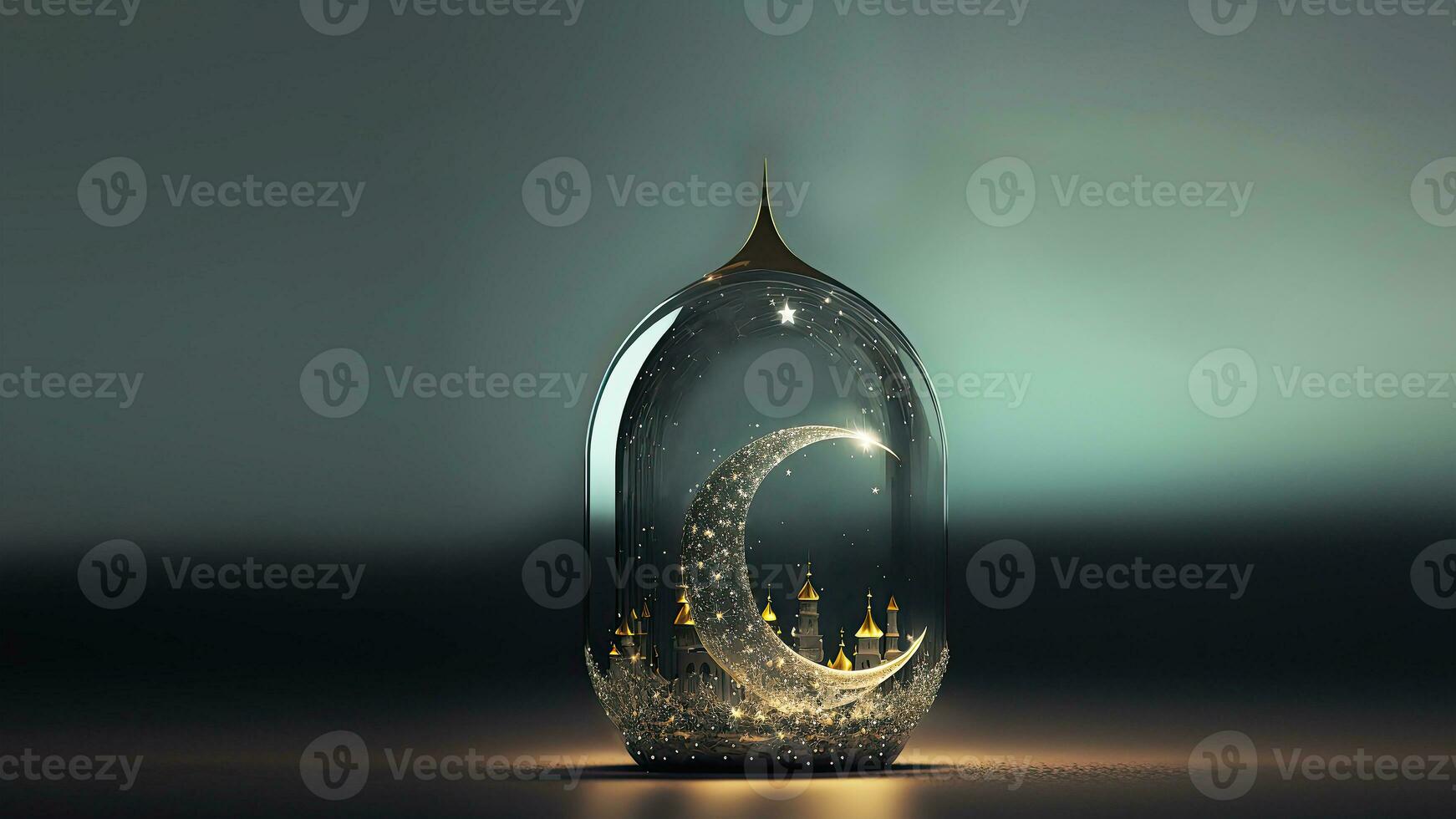 Beautiful Crescent Moon With Lighting Inside Glass Lantern On Dark Background. Islamic Festival Concept. 3D Render. photo