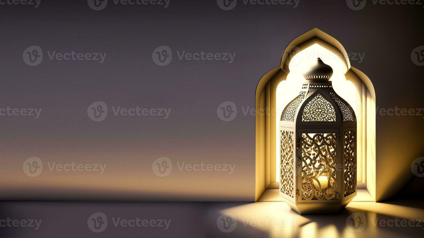 Realistic Illuminated Arabic Lantern On Islamic Window Background. Islamic Religious Concept. 3D Render. photo