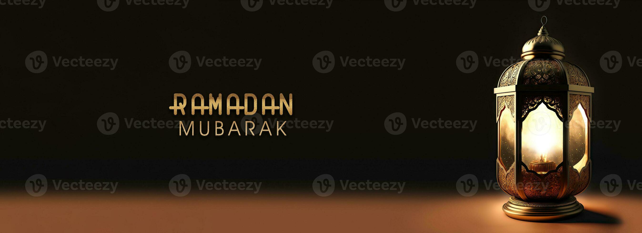 Ramadan Mubarak Banner Design With Realistic Illuminated Arabic Lantern On Black And Brown Background. 3D Render. photo