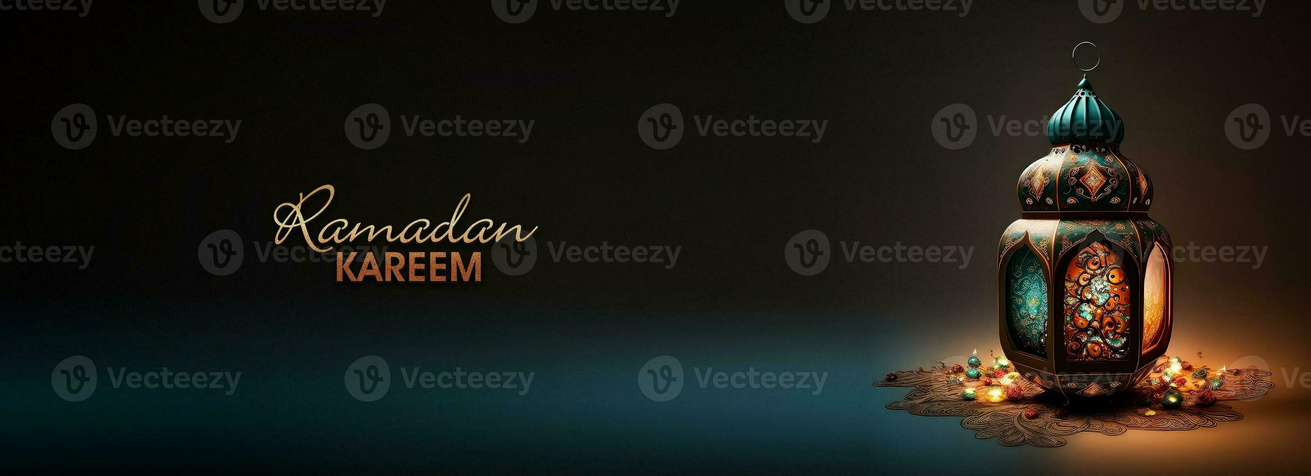 Ramadan Kareem Banner Design With Golden Glittery Text, 3D Render of Illuminated Arabic Lamp On Dark Background. photo