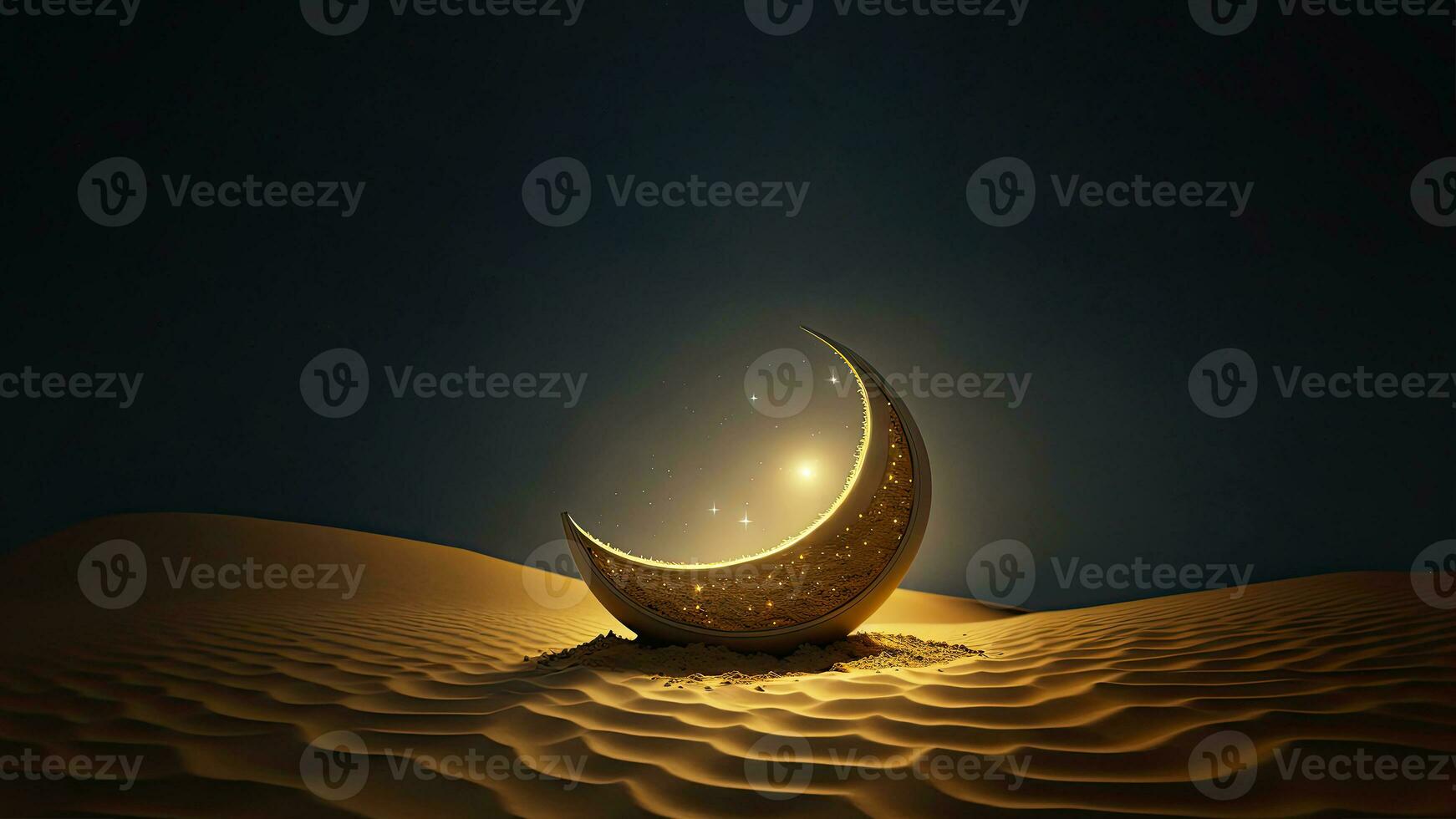 3D Render of Crescent Moon Decorated With Glowing Stars On Dune. Islamic Religious Concept. photo