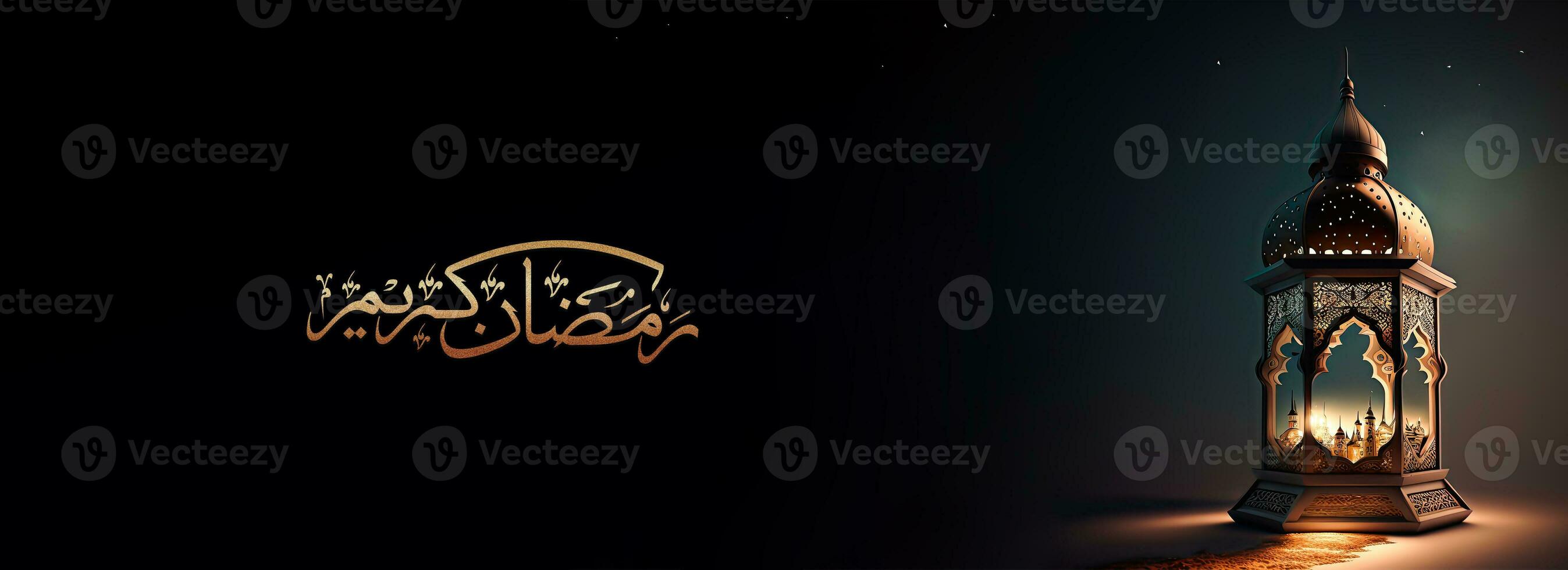 Arabic Calligraphy of Golden Glitter Ramadan Kareem And 3D Render, Illuminated Arabic Lamp On Black Background. Banner or Header Design. photo