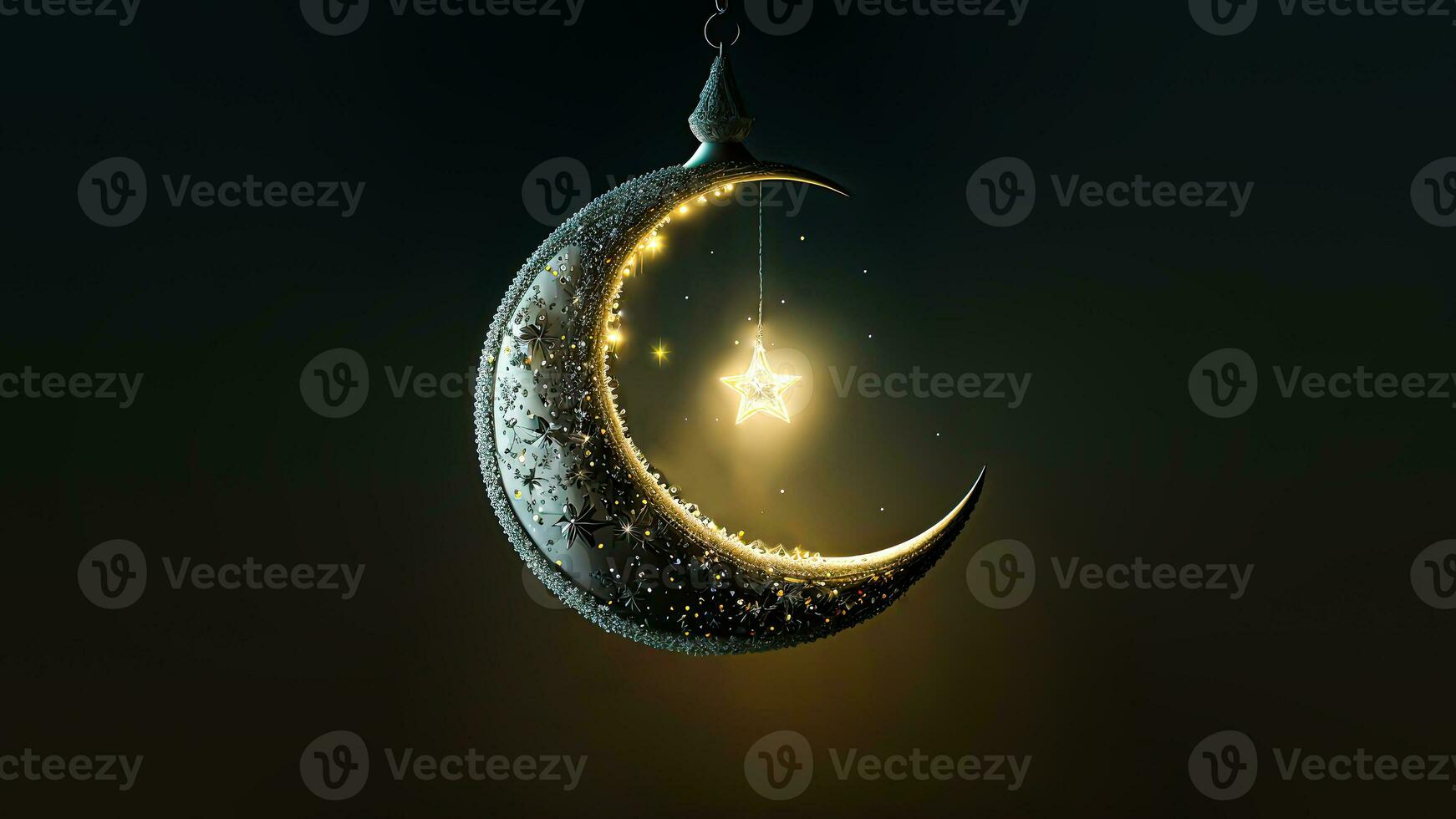 3D Render of Hanging Exquisite Shiny Carved Moon With Star On Dark Background. Islamic Religious Concept. photo