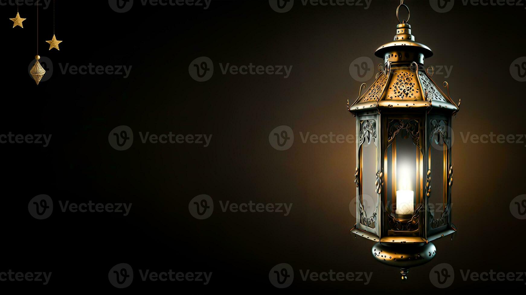3D Render of Illuminated Golden Arabic Lanterns On Dark Background. Islamic Religious Concept. photo
