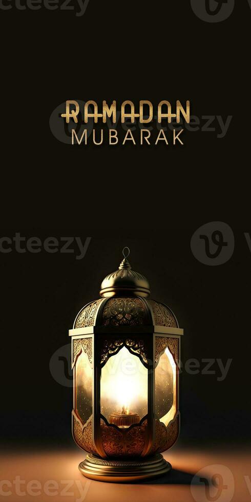 Ramadán Mubarak vertical bandera diseño con realista iluminado Arábica linterna en negro y marrón antecedentes. 3d prestar. foto