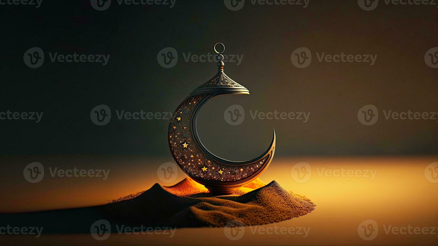 3D Render of Crescent Moon Decorated With Glowing Stars On Dune. Islamic Religious Concept. photo