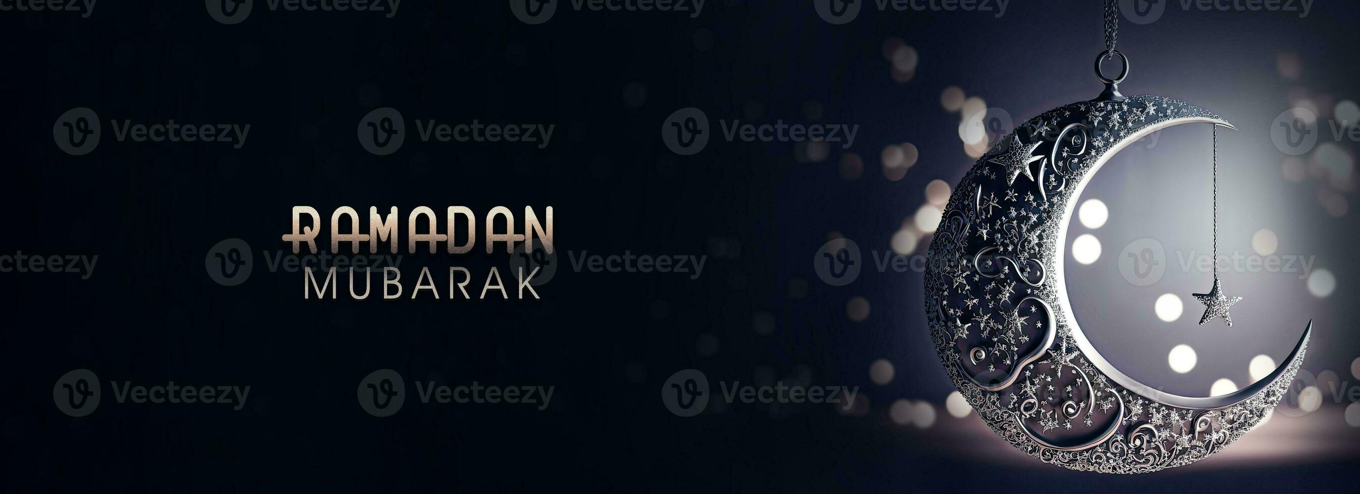 Ramadán Mubarak bandera diseño, 3d hacer de Exquisito creciente Luna con colgando estrella en bokeh antecedentes. foto