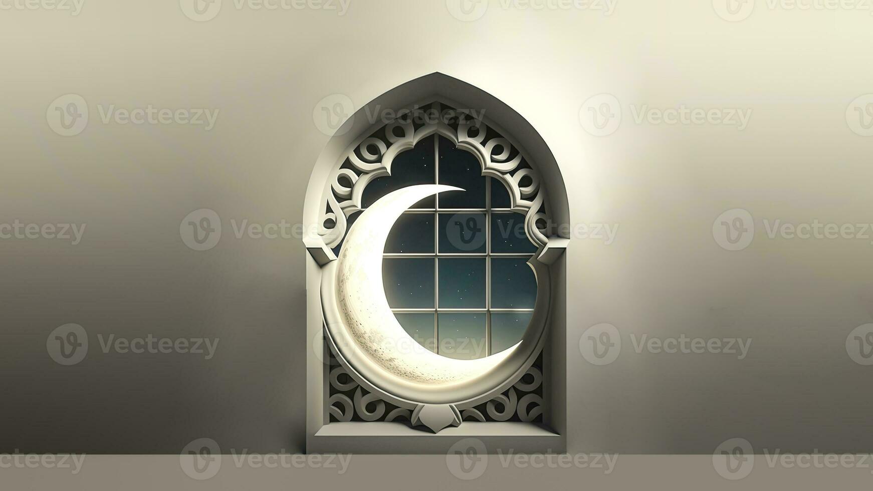 3D Render Of Crescent Moon Inside Mosaic Window. Islamic Religious Concept. photo